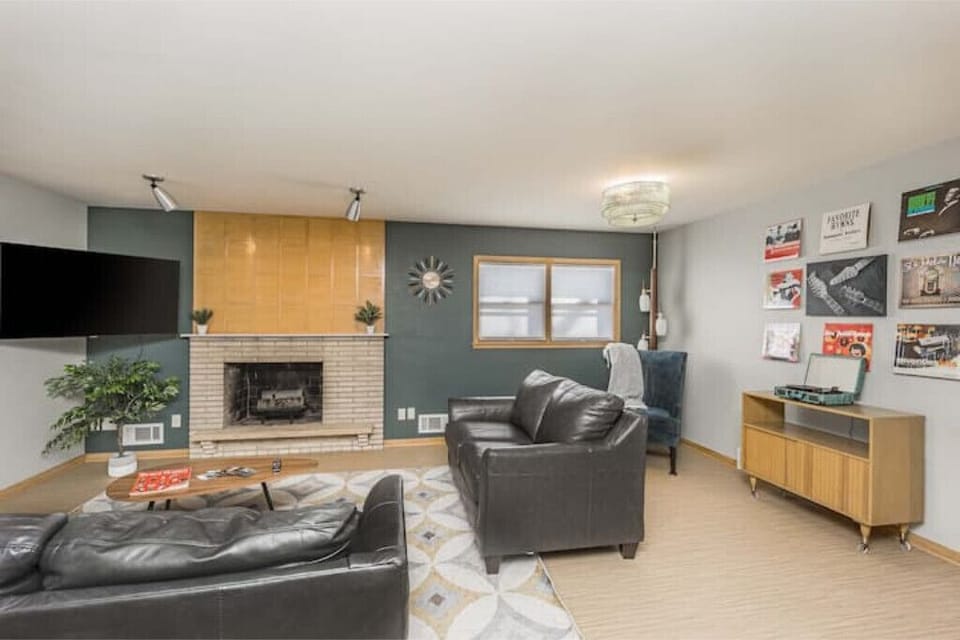 main living area with wood burning fireplace