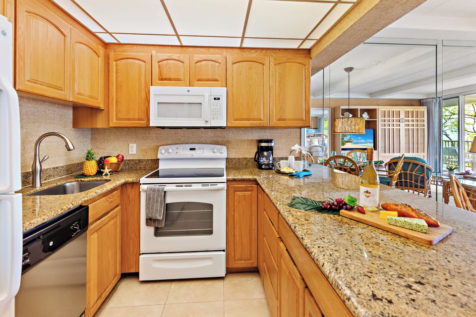 Everything you need, right at your fingertips. A fully equipped kitchen stocked with all the essentials. Perfect for cooking your favorite meals in paradise.