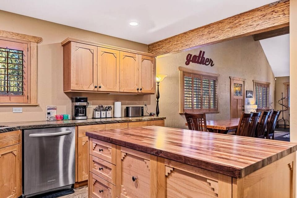 Gather with the whole crew in the kitchen and dining area.
