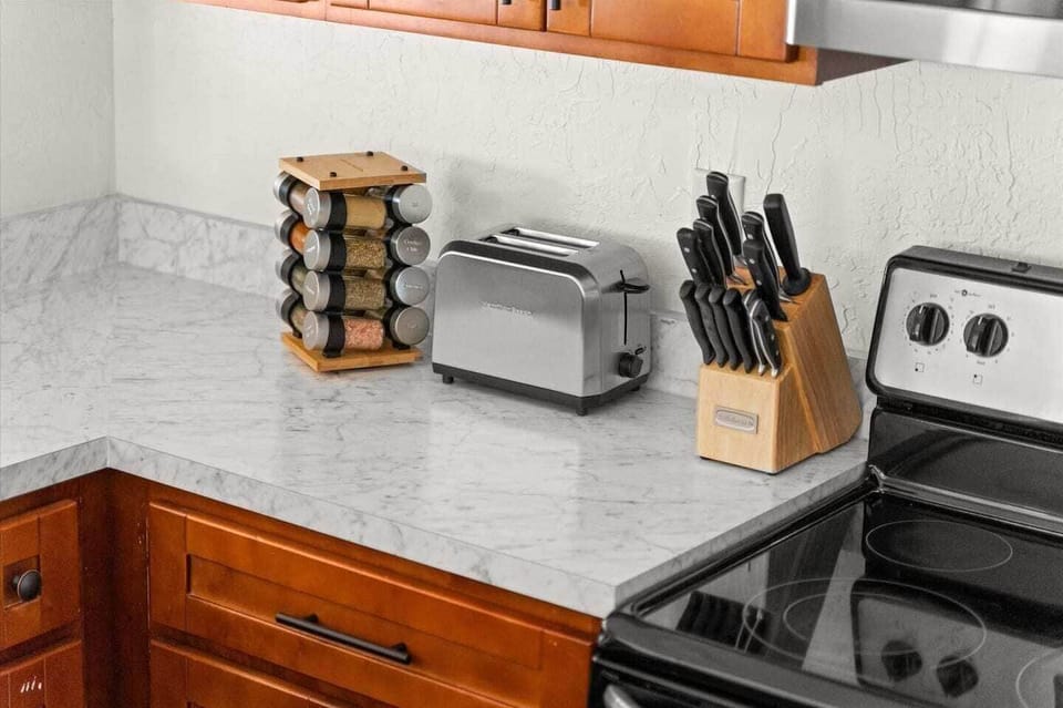 We include several kitchen amenities including spices, Cuisinart knives, olive oil and more.
