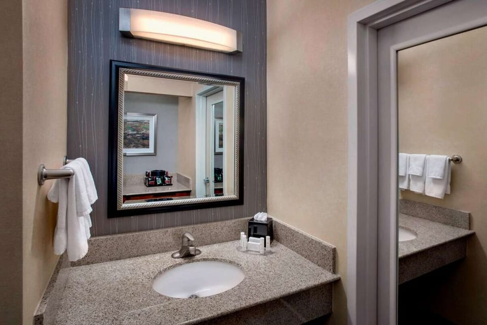 Refresh at the spacious vanity with bright, flattering lighting.
