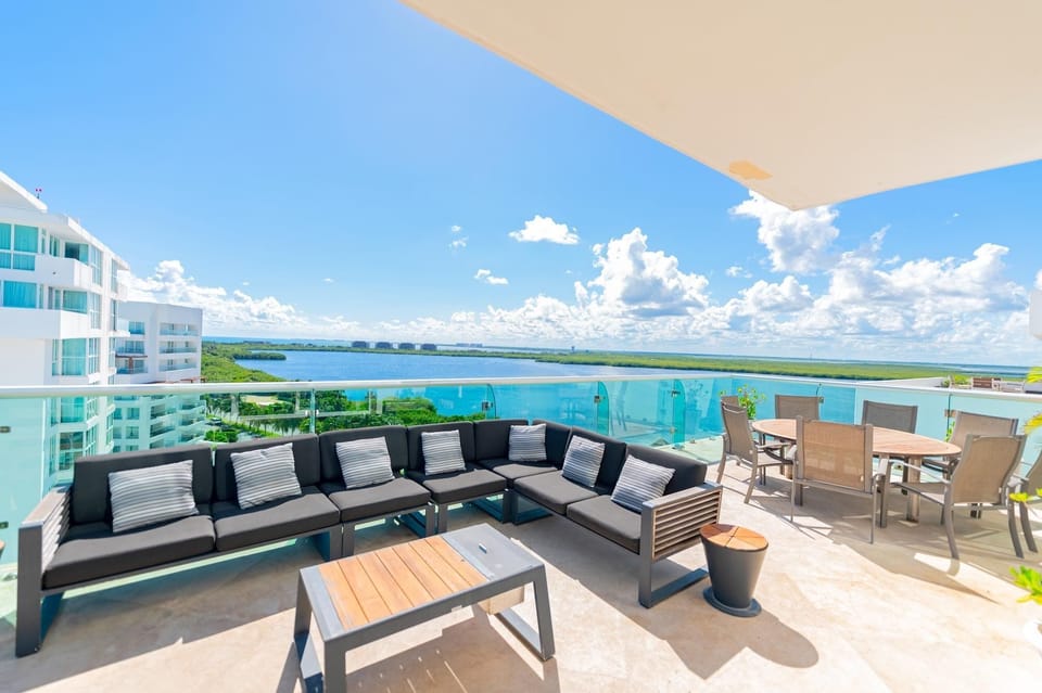 Huge Private Terrace Features a Sofa Set, 2 Sun Loungers, &amp; Table with Seating for 8