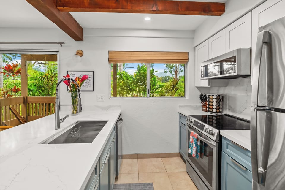 Outfitted with deluxe appliances and all the essential cookware and spices