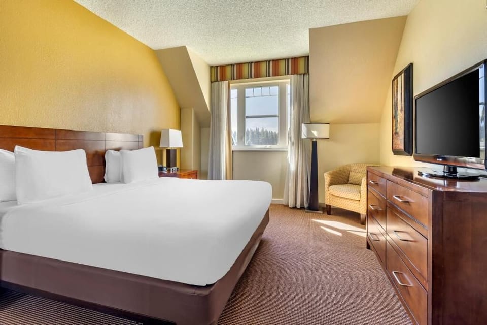 Wake up to sunny views in a spacious, serene bedroom.