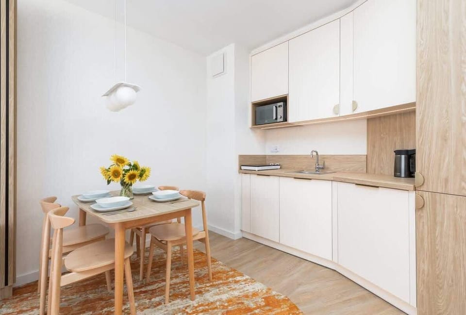 Fully equipped kitchenette with an  induction hob, fridge with freezer, coffee machine, dishwasher, electric kettle