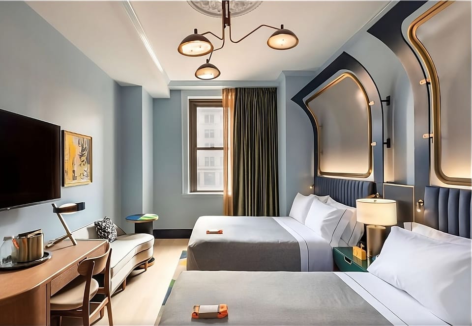 Drift off comfortably in plush bedding with calming ambient glow.
