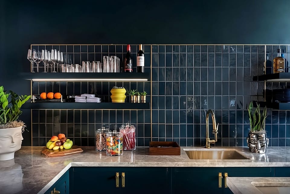 Sip morning coffee beside sleek counters and curated barware.