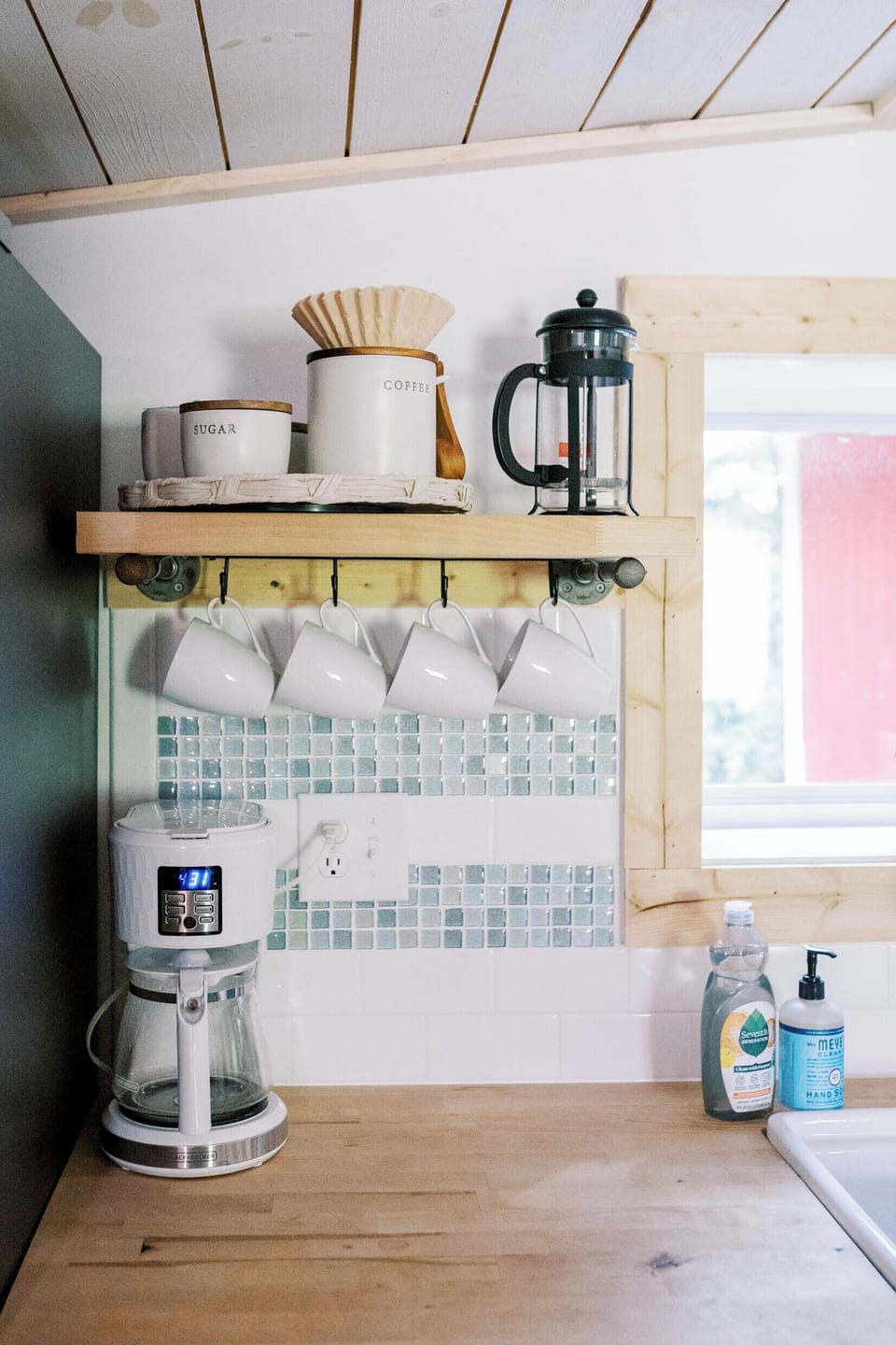 Coffee, tea, sugar, creamer, & honey provided. Drip coffee maker & french press