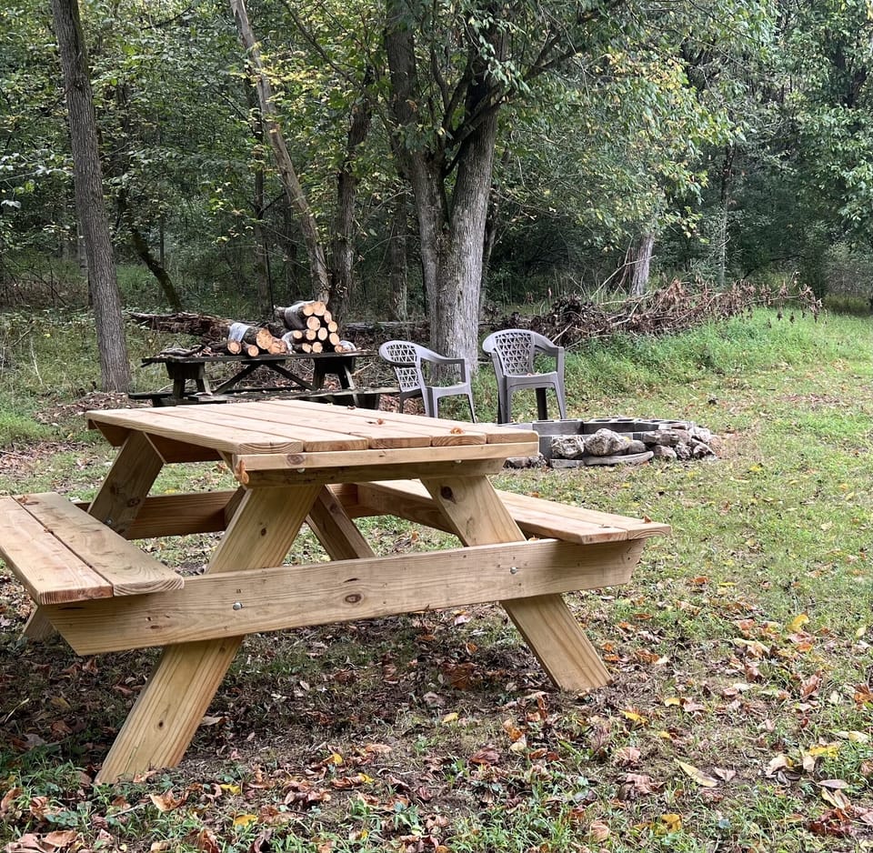 2 Picnic tables, chairs, and fire pit in side yard by house. 