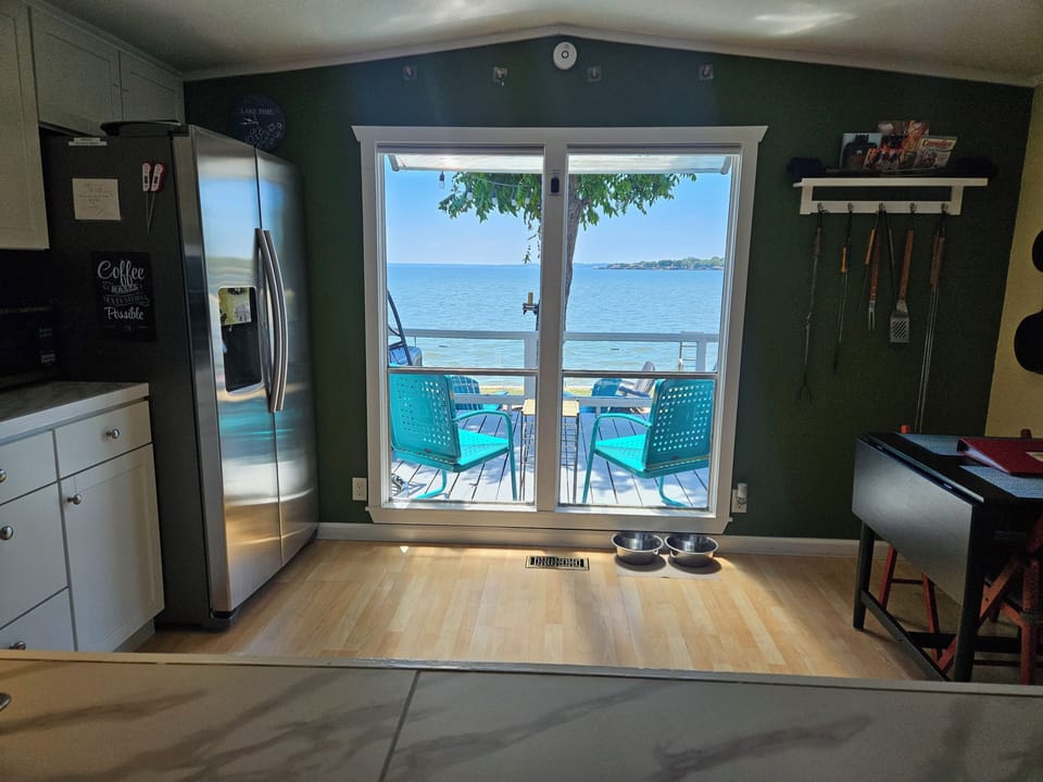 Kitchen area looking outside through the windows