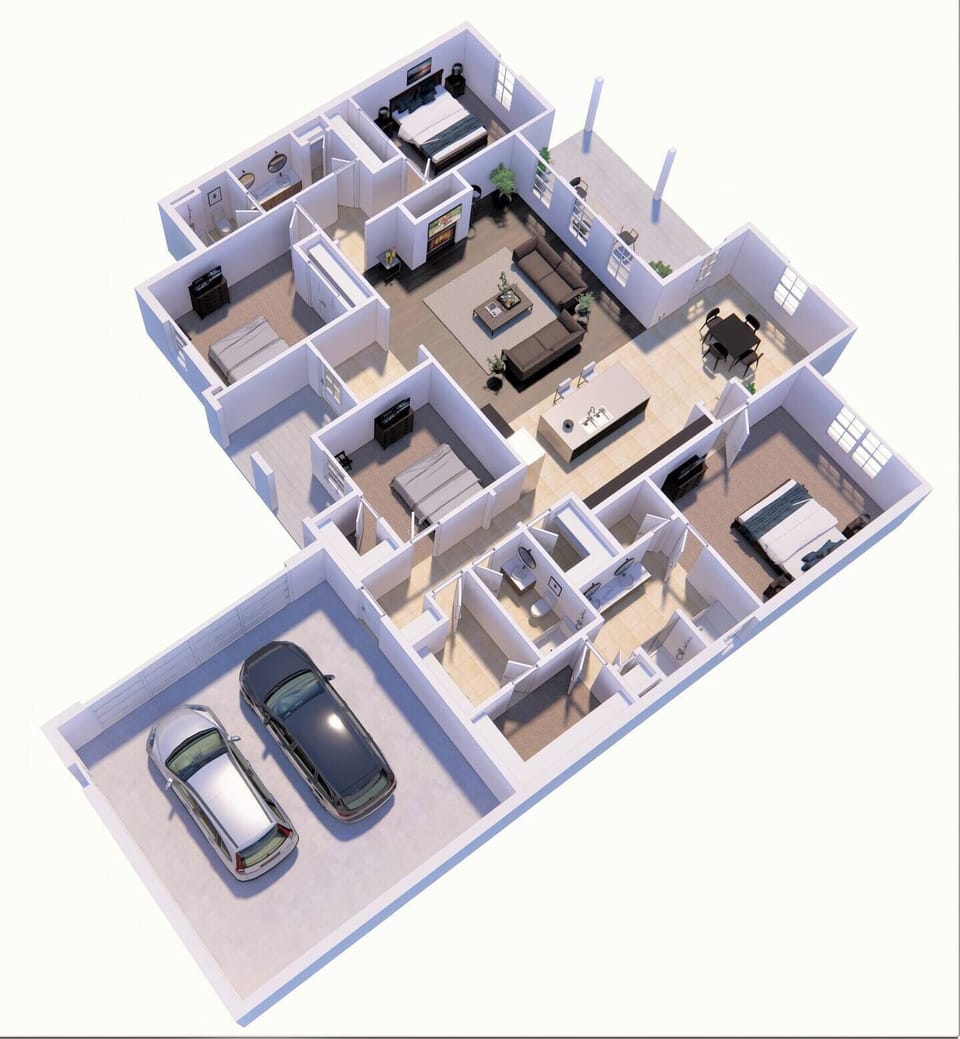 The 3D Matterport camera provides a detailed view of the entire residence's floorplan. The living area and kitchen feature an open layout, while the bedrooms offer a more private and secluded atmosphere. A Rent It Like A Saint Property.