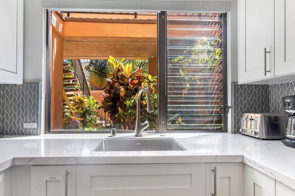 Kitchen window looks over courtyard entry. Pull out spice rack left of sink.