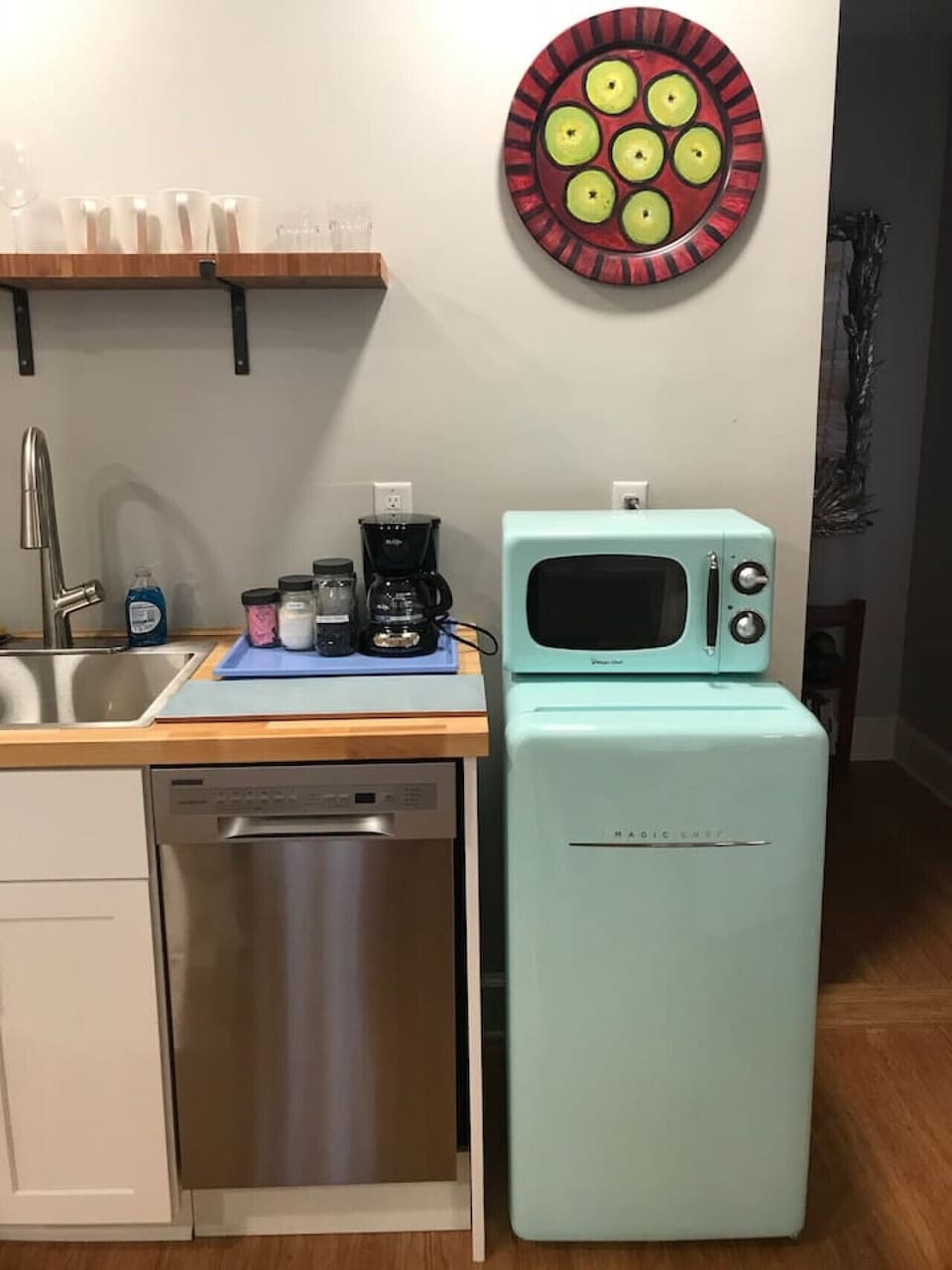 mini fridge, microwave and dishwasher