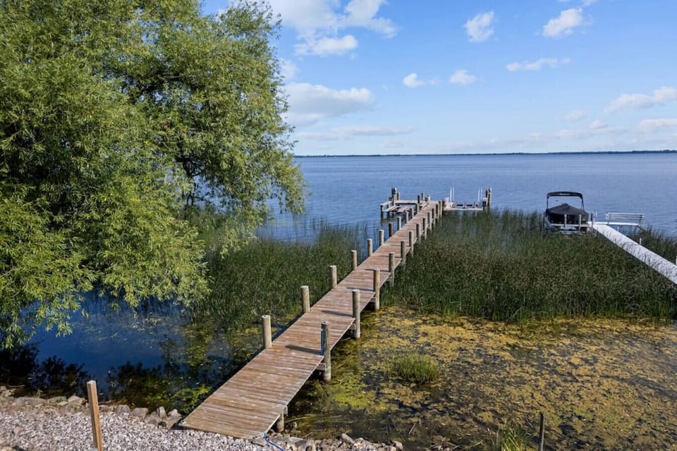 The shore has not been cleared of water reeds and lily pads to preserve the habitat for wildlife on the lake. Access to the water is at the end of the dock using the ladder or just jumping in!
