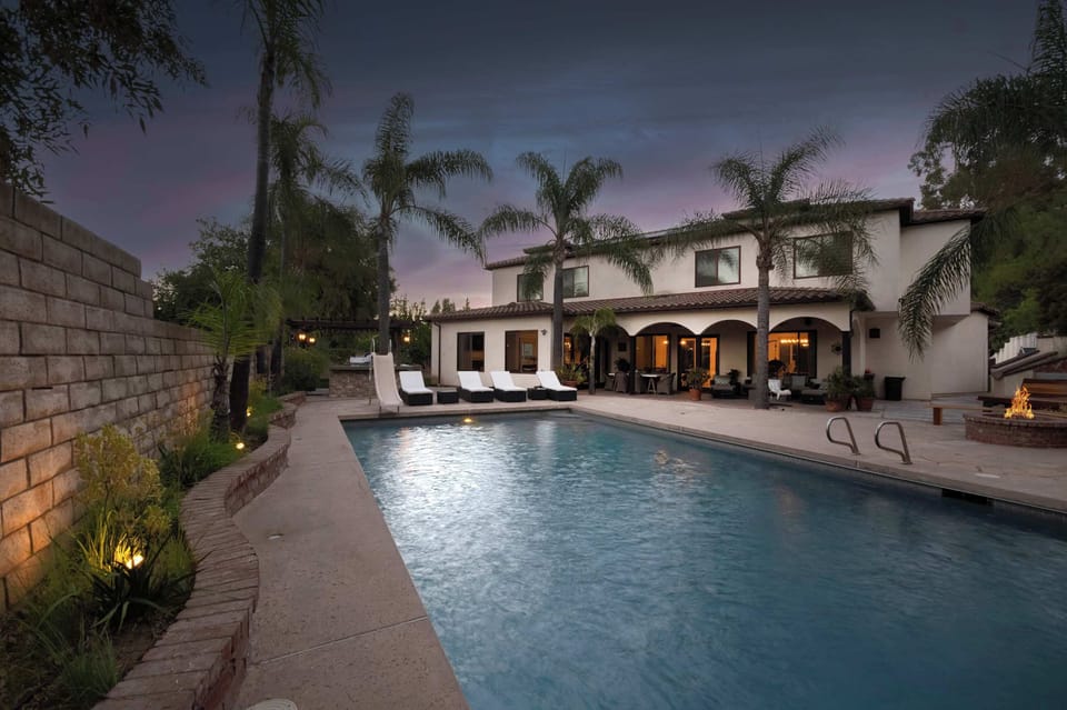 A view of the pool in the early evening