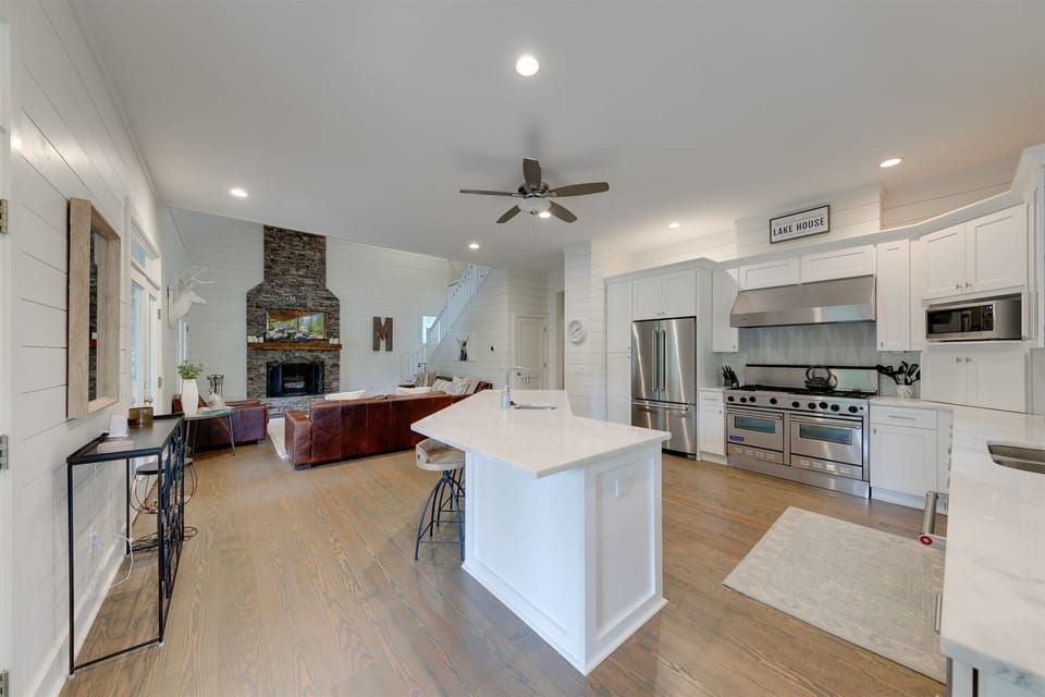 View from kitchen to living room fireplace