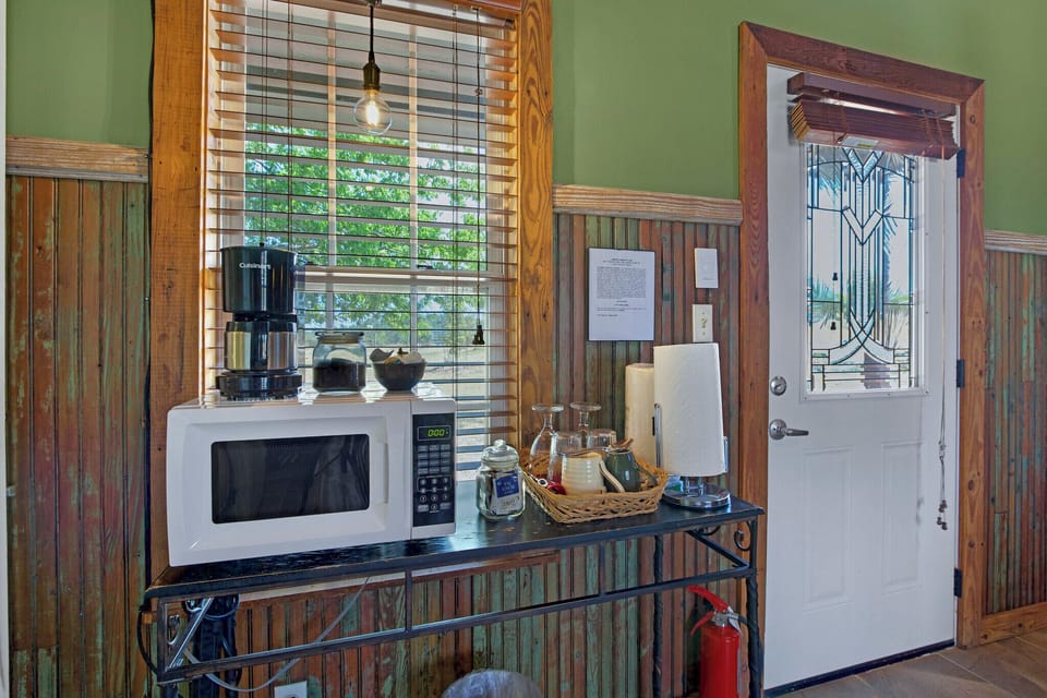 Close up of the cofeefe bar with microwave.