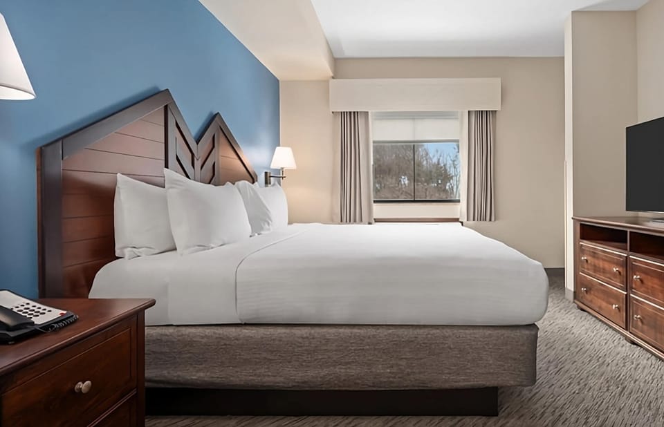 Unwind in a crisp, king bed with calming views.
