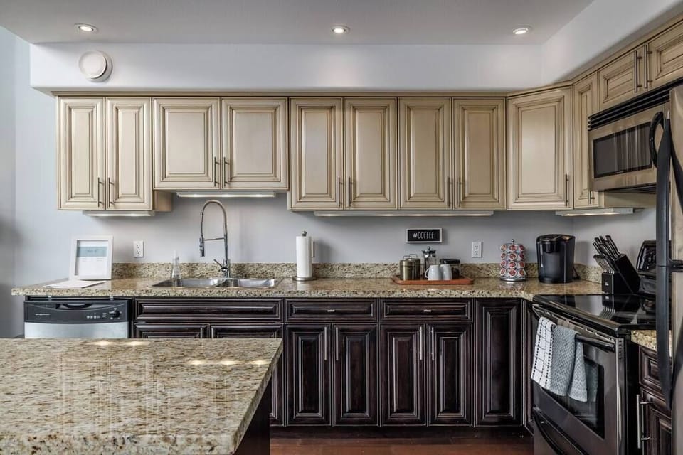 Lots of natural light floods the kitchen area.