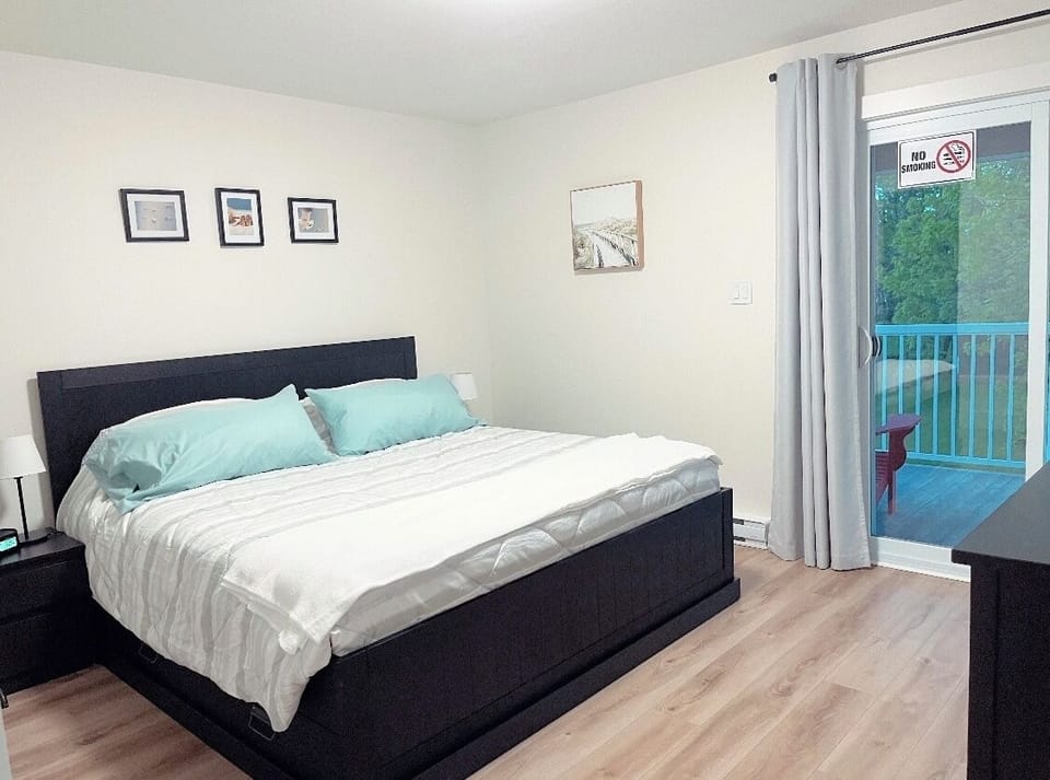 Upstairs king bed with TV, closet, dresser and balcony & bathroom access.