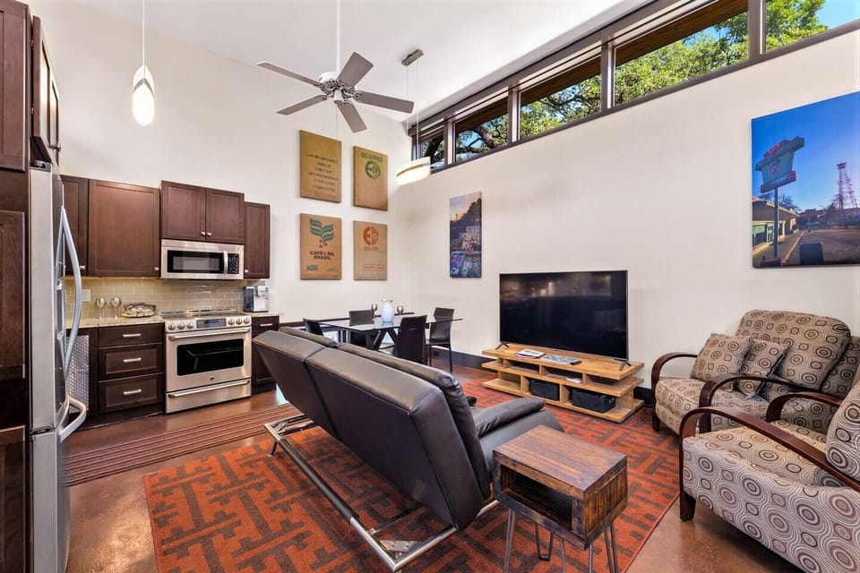 Comfy seating area.  Leather futon folds down for sleeping