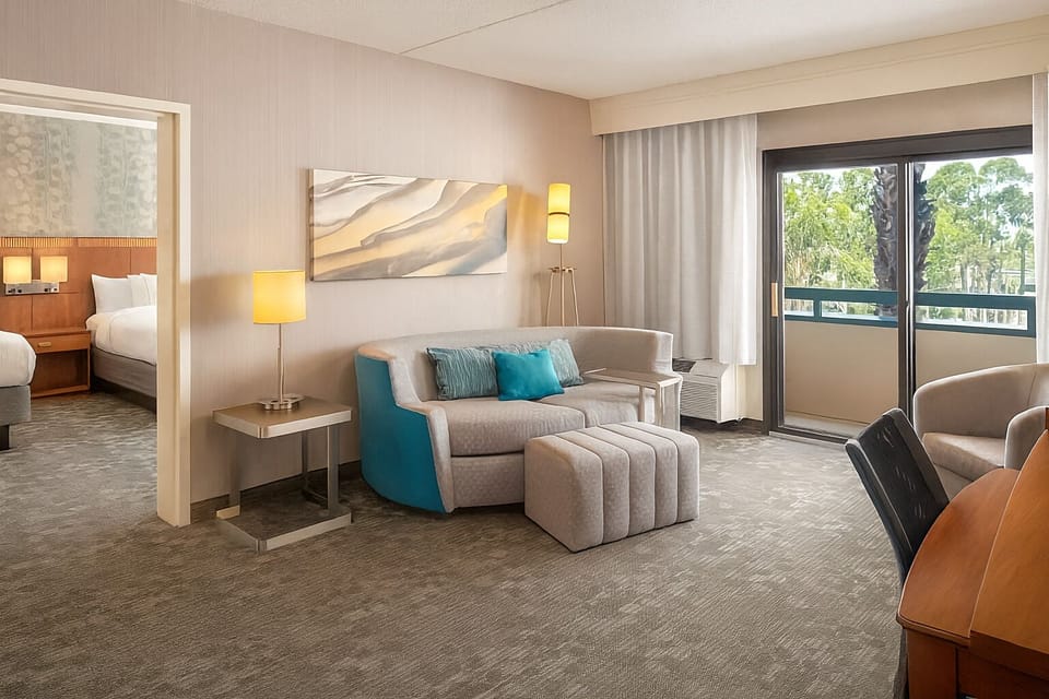 Living room. Exact unit will be assigned upon arrival. Views, colors, and decor may vary.