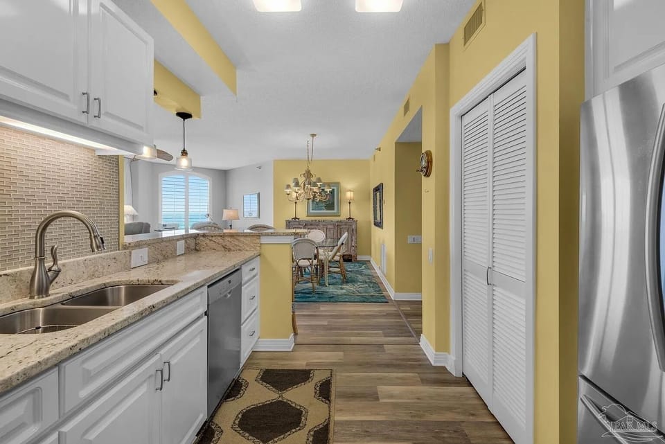 View from kitchen to dining area.