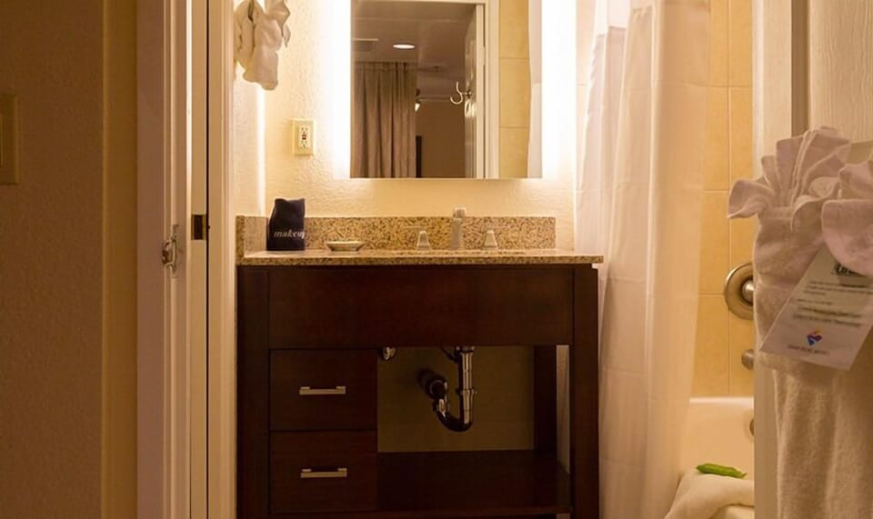 Refresh comfortably with bright vanity lighting and plush towels.
