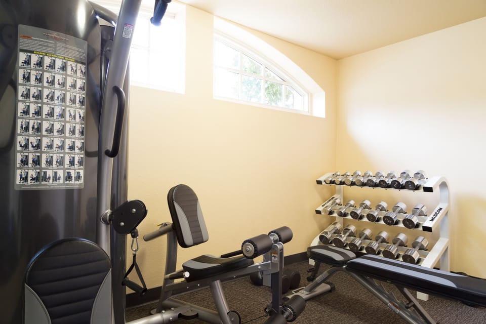 Strength-train comfortably with free weights and dedicated machines.