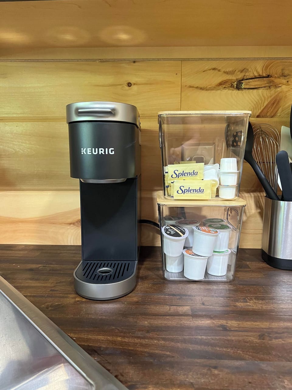Keurig with coffee and tea provided.