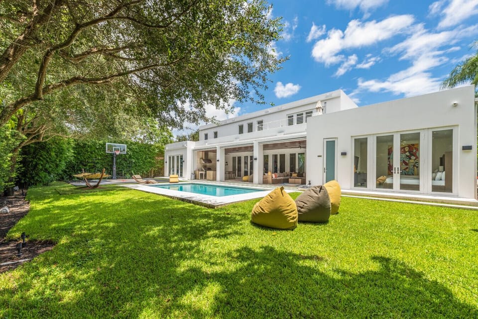 Beautiful outdoor space with bean bags and private swimming pool