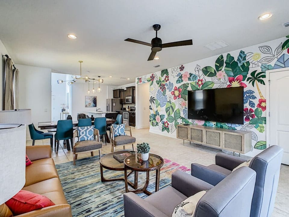 Relax in the serene beauty of this leaves and flower-themed living room, where nature’s elegance meets comfort and style!