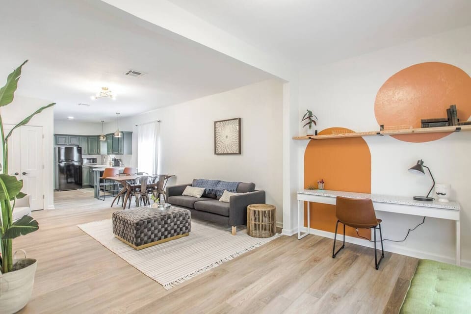 Bright modern living space with stylish decor perfect for relaxing or remote work