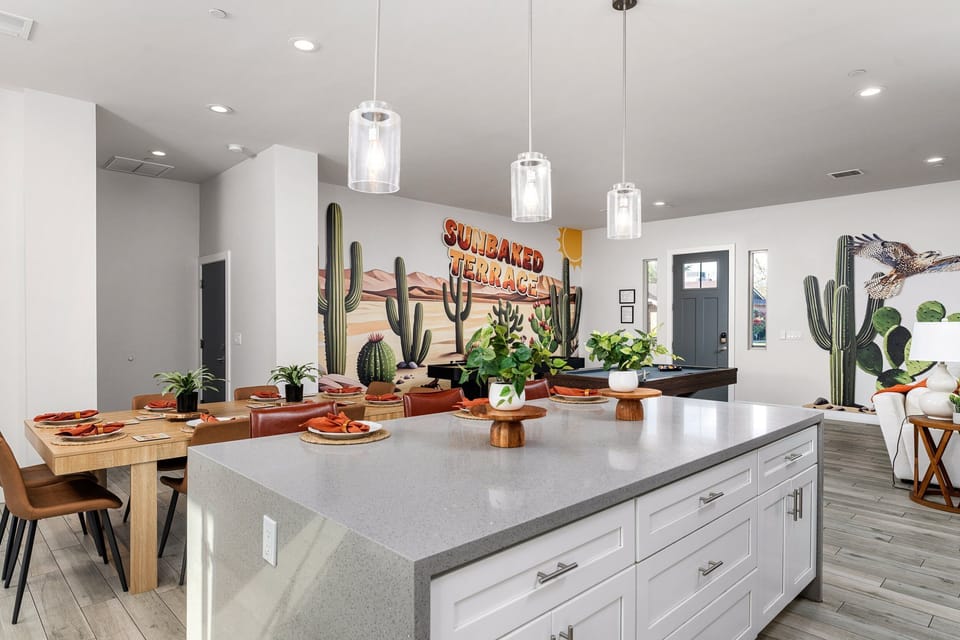 Large Quartz Island Overlooking Dining Area