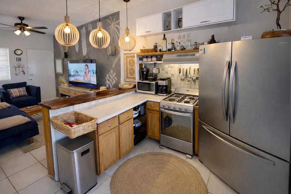 Fully equipped kitchen: ice maker, microwave, blender, juiser, toaster …