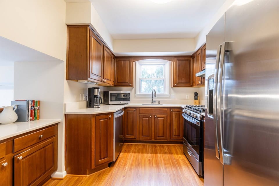 View into the kitchen, which overlooks the backyard.