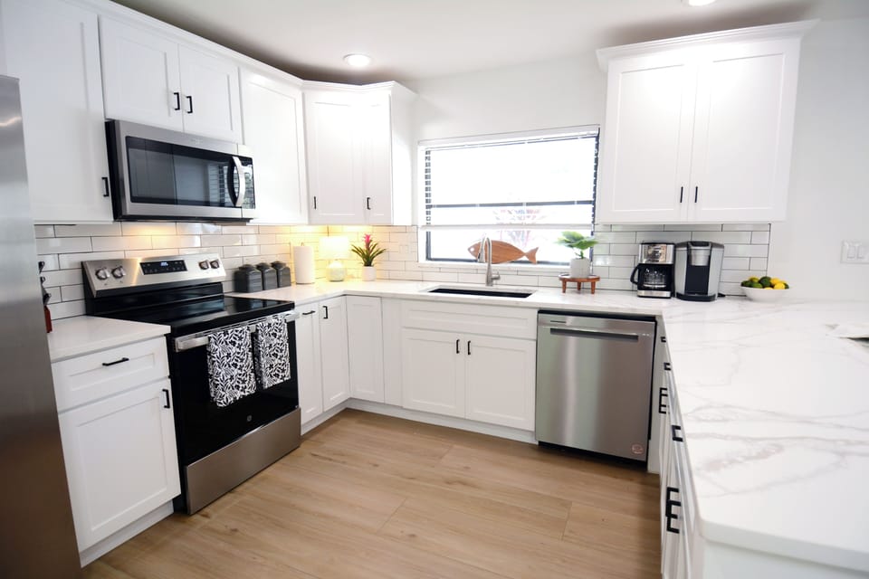 Full kitchen with drip and Keurig coffee makers and all the kitchen essentials you need for at-home meal preparation
