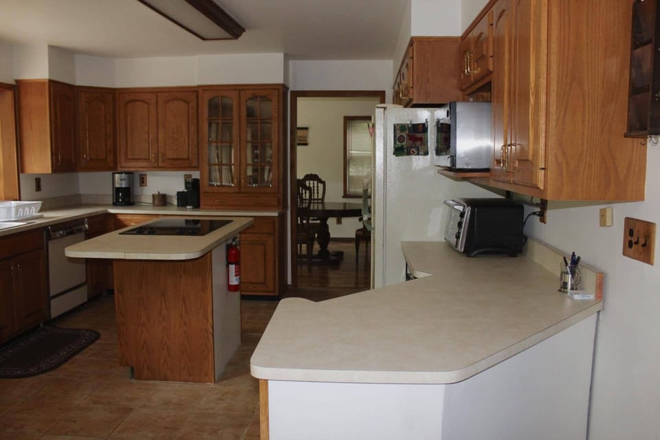 kitchen looking into large dining room