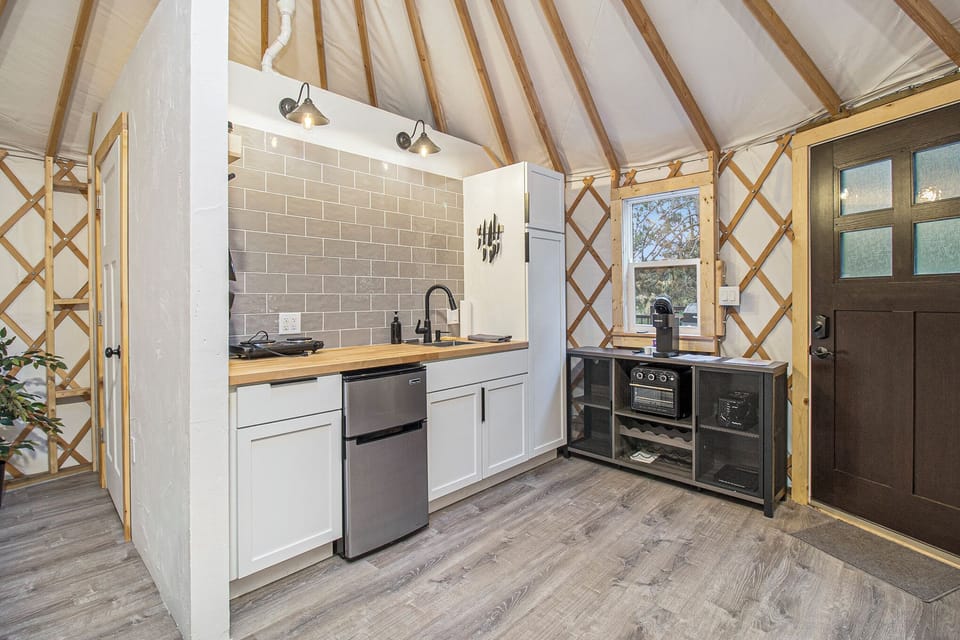 Kitchen with hot plate and Keurig coffee maker
