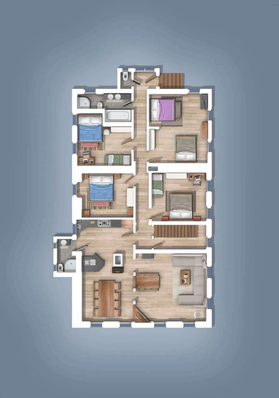 Der Raumplan im Erdgeschoss (über wenige Stufen erreichbar). 
Die kleinen grünen Betten und das graue Bett oben rechts sind auch als Sofa nutzbar und werden nur verwenden, wenn die Personenanzahl es benötigt. 