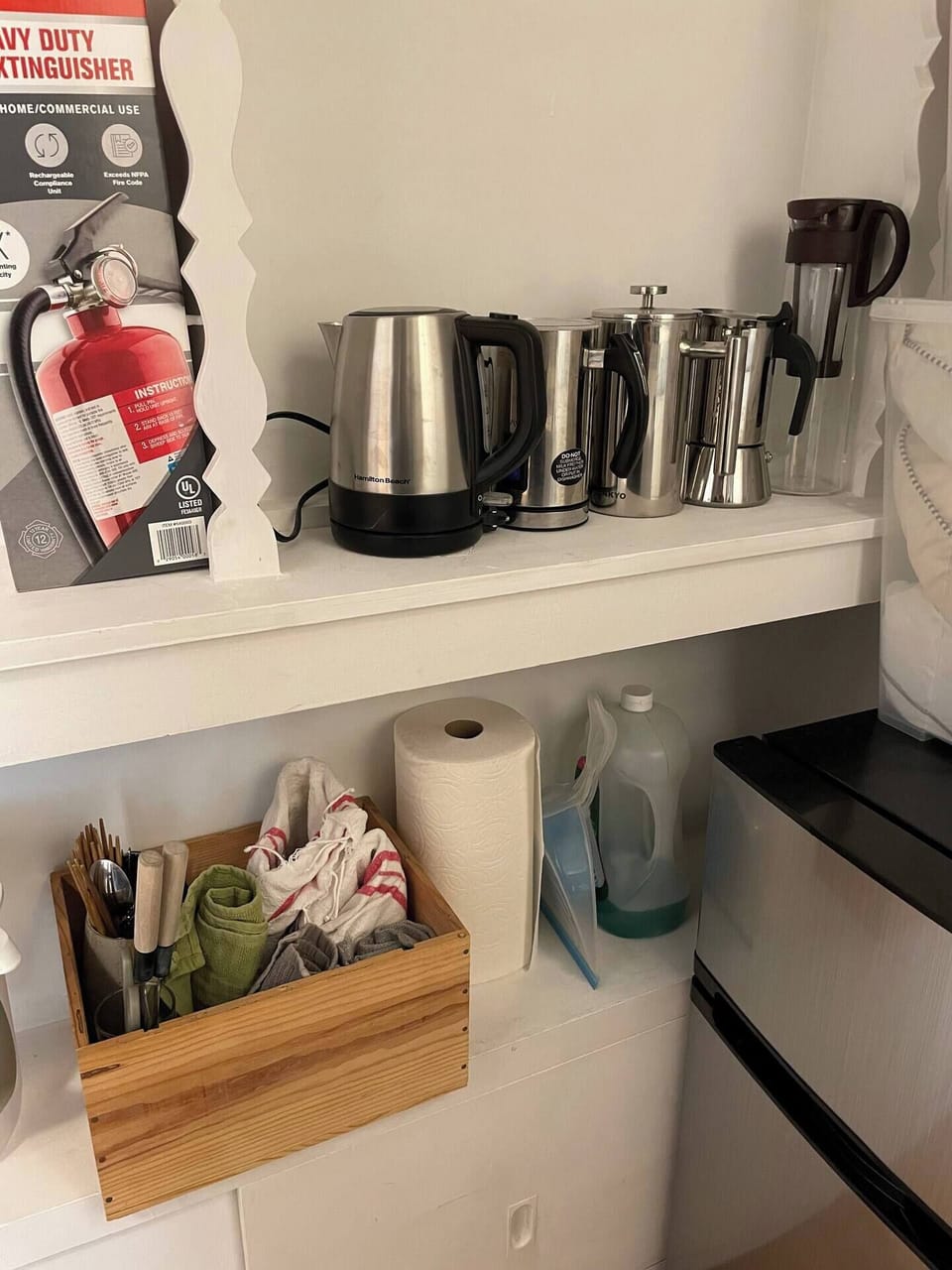 stove top espresso, french press, milk foamer, cold brewer and kettle.