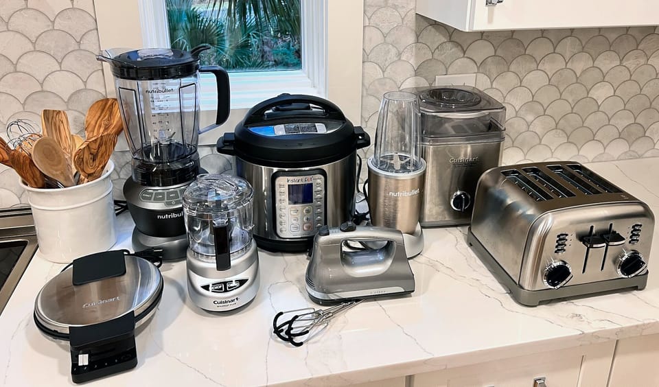 The kitchen is stocked with extra appliances!