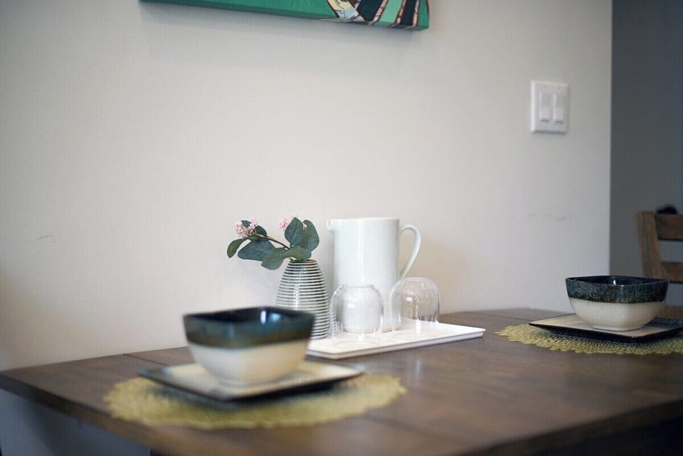 refillable water pitchers & drinking glasses located throughout the home 