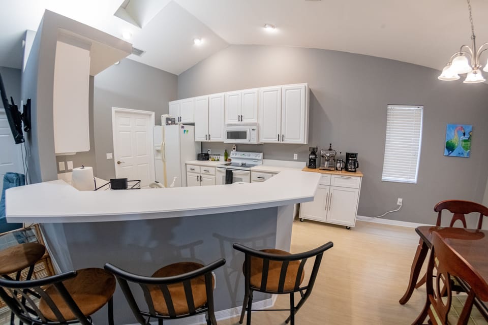 Looking into the kitchen from the living room.