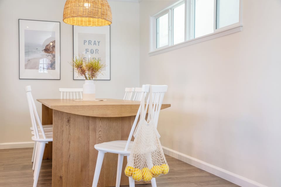 Dining table has seating for 8.