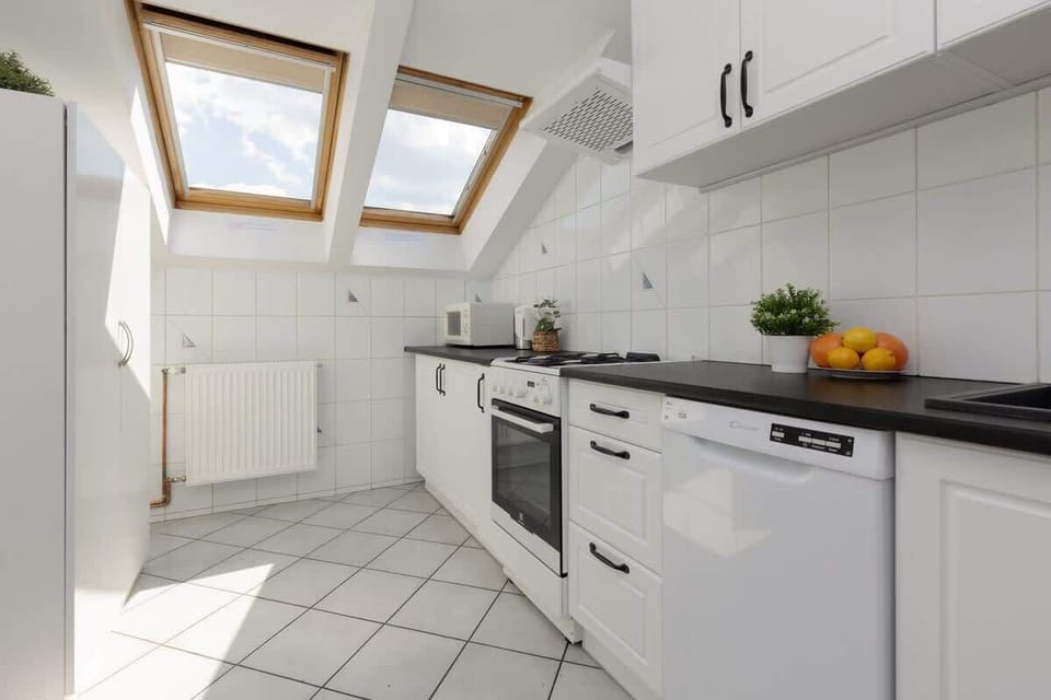 A neat white kitchen with skylights, fully equipped with modern appliances, including a dishwasher and stove.

