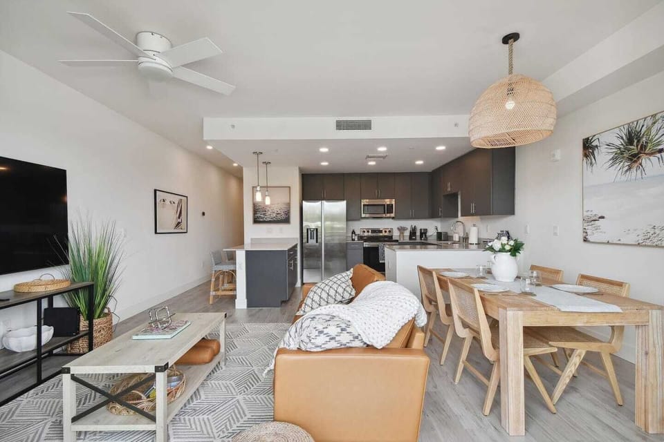 Living area with kitchen in the background