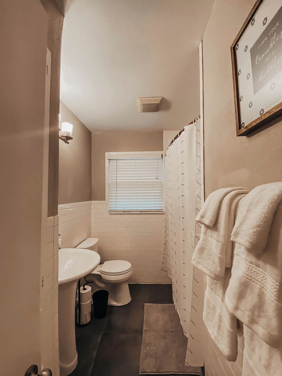 Bathroom with tub/shower combo. 