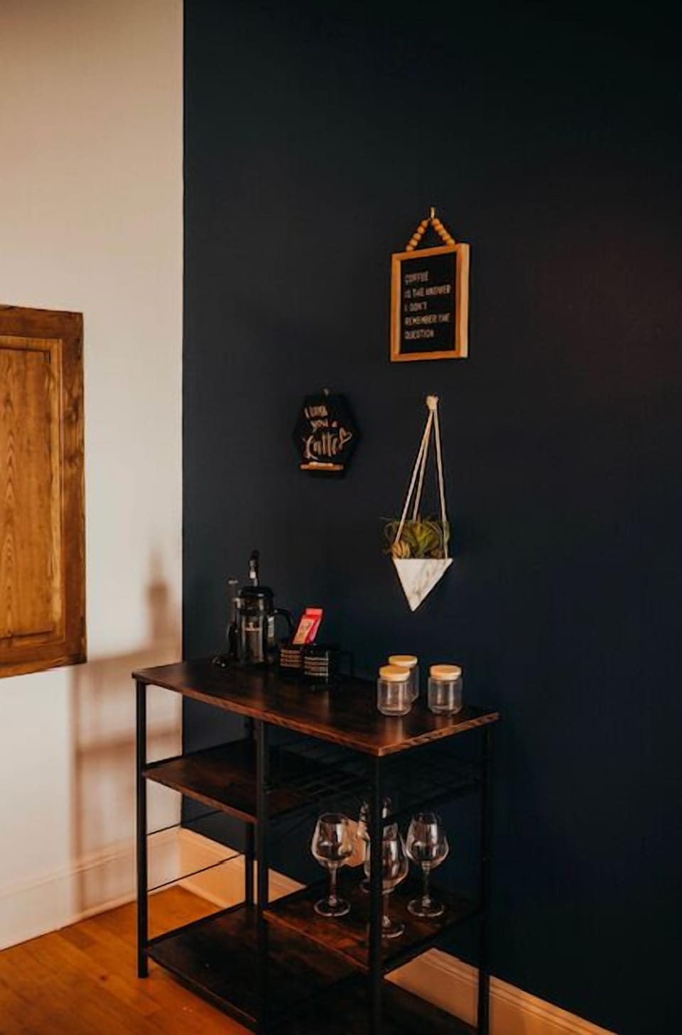 Coffee bar with Keurig and French press. 