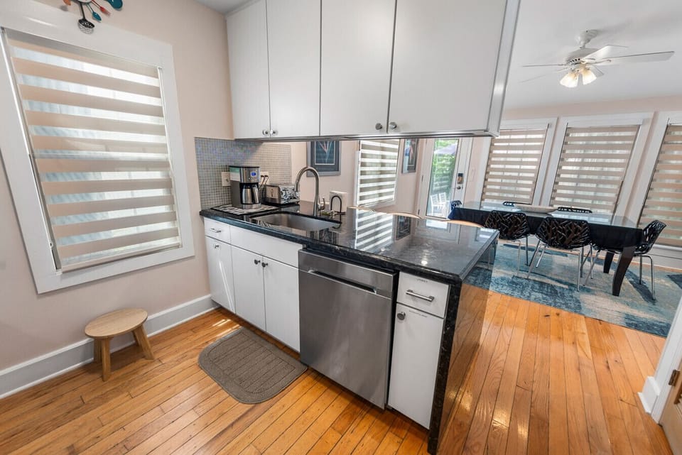 Kitchen overlooking dining area